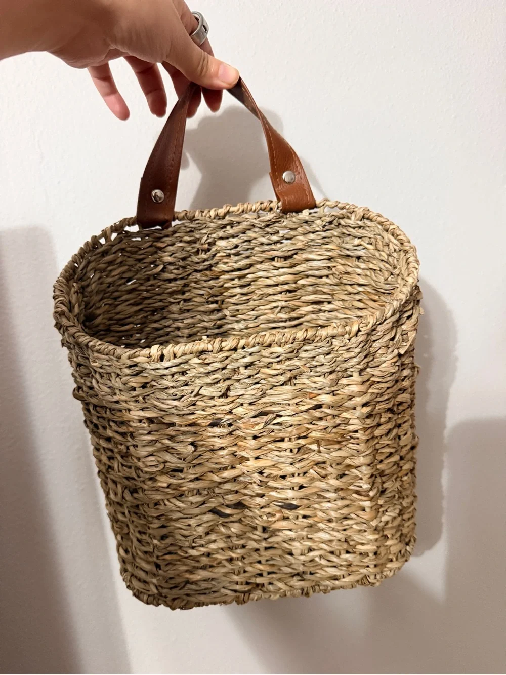 Woven Straw storage with Brown Leather Handles - Natural